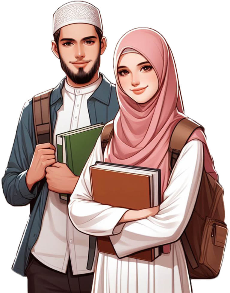 Muslim boy and girl students holding Arabic Books - Araby Academy